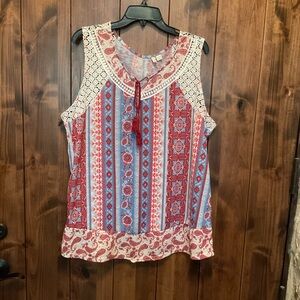 Cato Red & Blue Crochet-Trim Paisley Stripe Tank